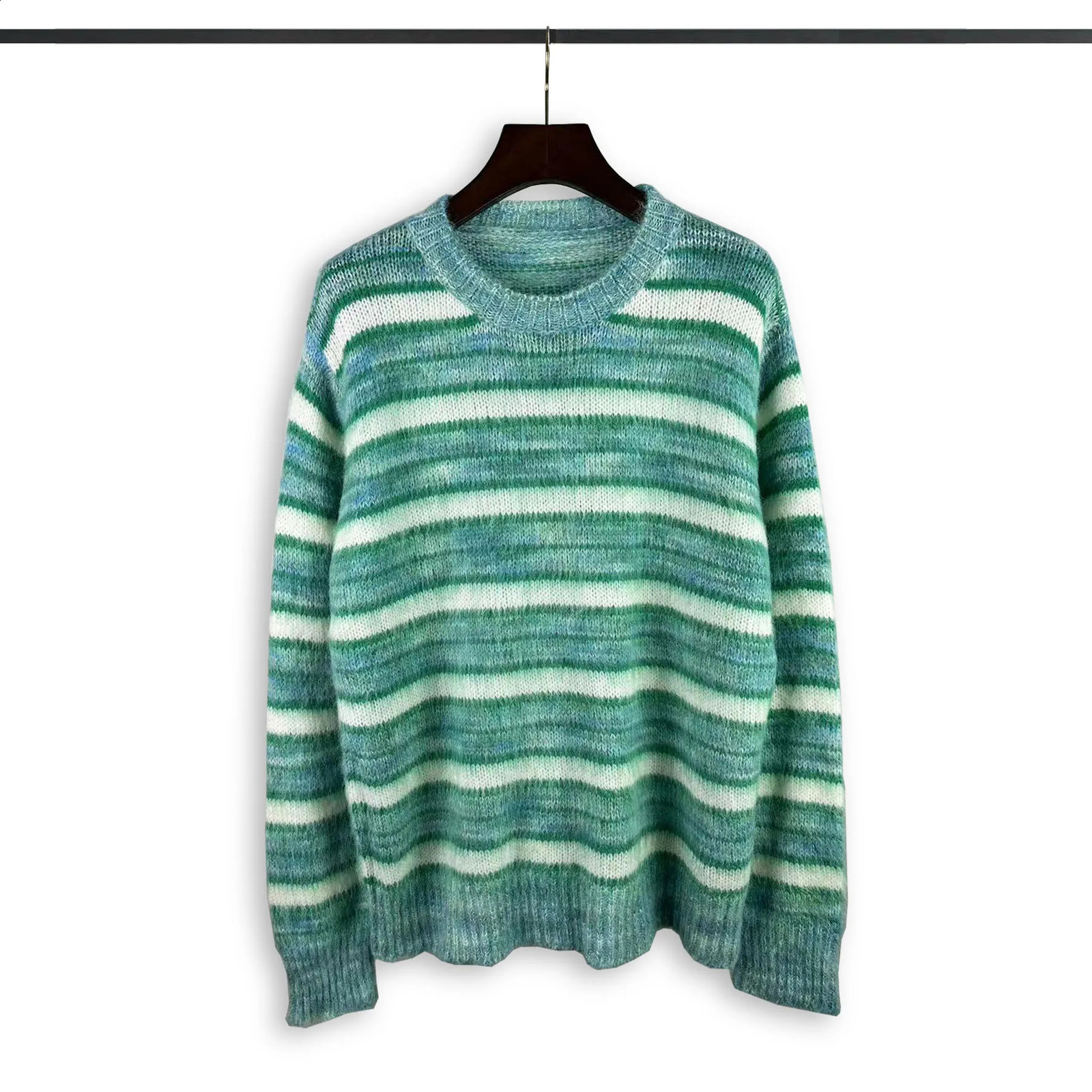 Korean fashion striped patch work Mohair knitted sweater retro mens oversized knitted sweater Y2k Harajuku womens round neck sweater 240924