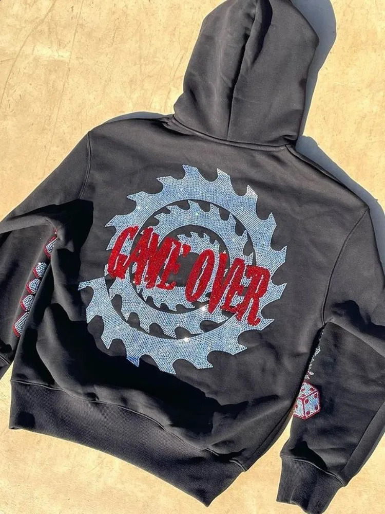 Mens Y2K Fashion Hoodie Skull Diamond Zipper Hoodie Grunge Womens Oversized Sweater Punk Harajuku Long Sleeve Coat 240927