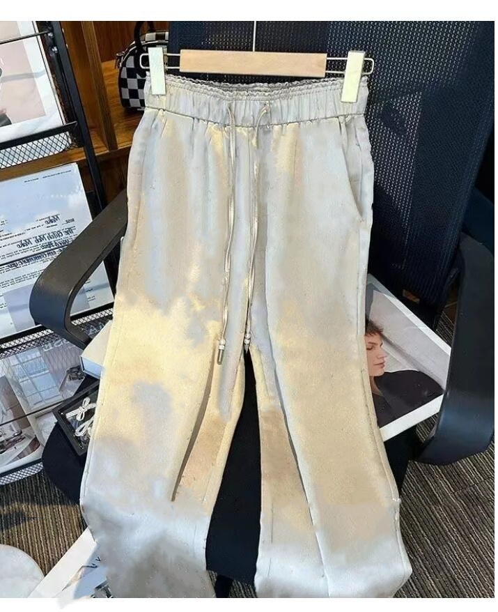 Women high elastic waist pants sashes with drawstring logo print satin fabric designer long trousers SMLXLXXL3XL4XL