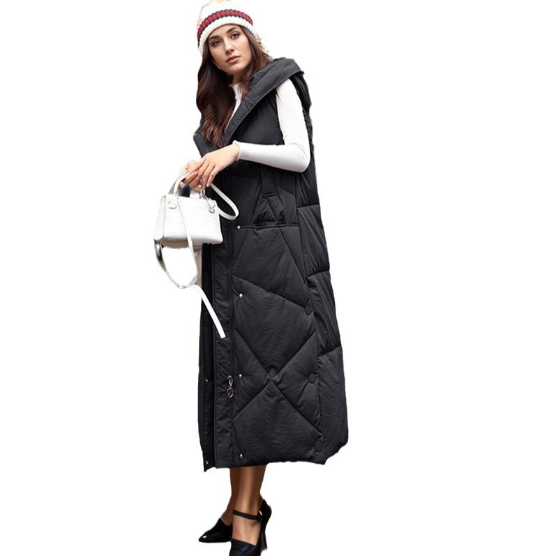 Puffer Vest Down Cotton Vest Womens Mid Length Autumn and Winter New Version Long Thick Vest Jacket Trendy Over the Knee Vest