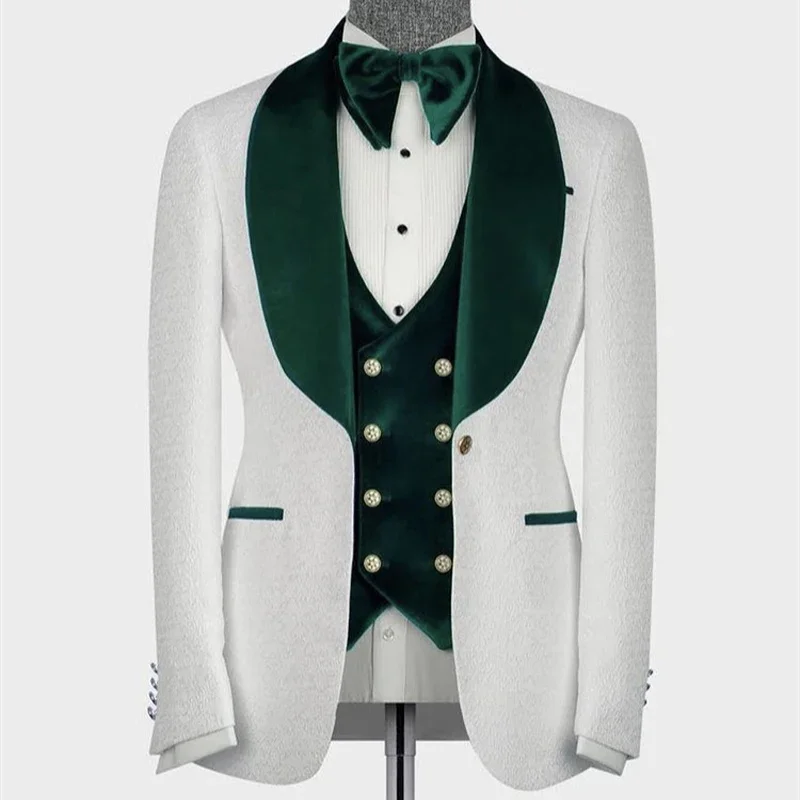 Floral Pattern Men Suits For Wedding With Green Velvet Shawl Lapel Groom Tuxedo 3 Pcs Slim Fit Blazer (Jacket+Pants + Vest) 2024