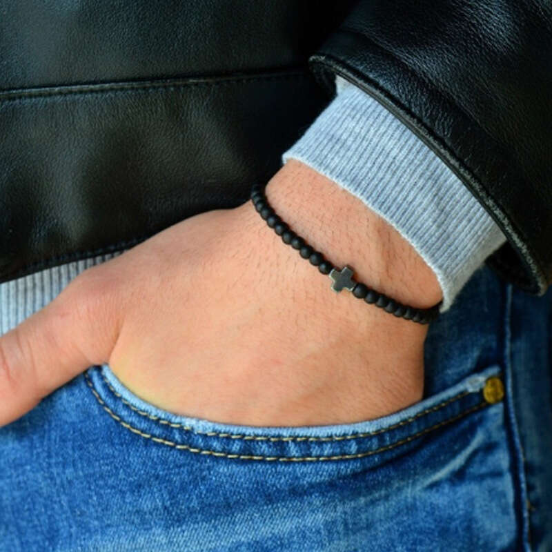 2024 Men's Pendant Black Hematite Cross Bracelet, 8mm Tiger Eye Stone Bracelet New Product