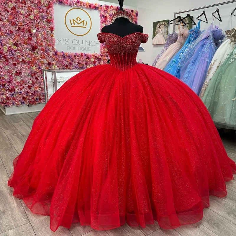 Red Shiny Princess Off The Shoulder Quinceanera Dresses Ball Gown Beading Crystal Tull Corset Sweet 16 Dress Vestido 15 De Anos