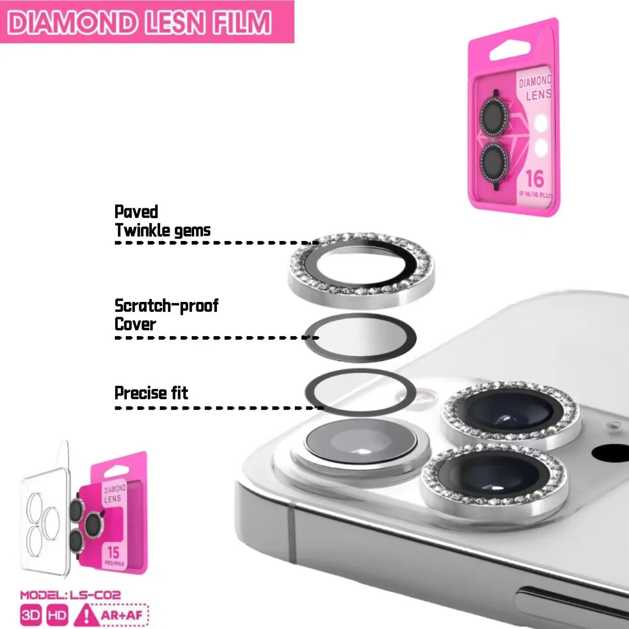 Rhinestone Ring Diamond Eagle Eye One-Body Hawkeye Metal Camera Lens Glass Protector Back HD Clear Scratch-Resistant Film for iPhone 17 16e 16 15 14 1