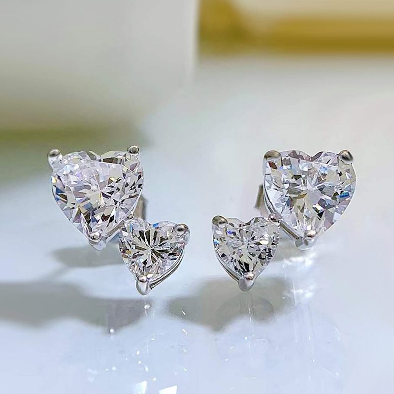 Double Heart Stud Earrings: 5A Cubic Zirconia Sterg Sier Jewelry for Women