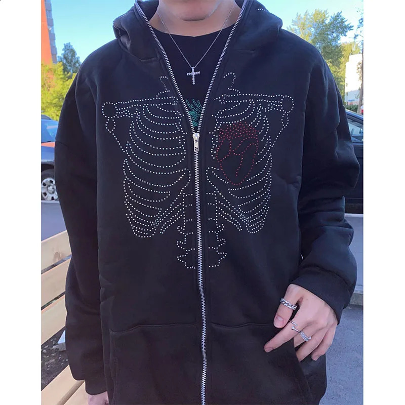 Y2k Diamond Hoodie Skeleton Gothic Sportswear Pullover Mens Gothic Long Sleeve Super Large Hoodie Zipper Jacket Hoodie 240929CJ