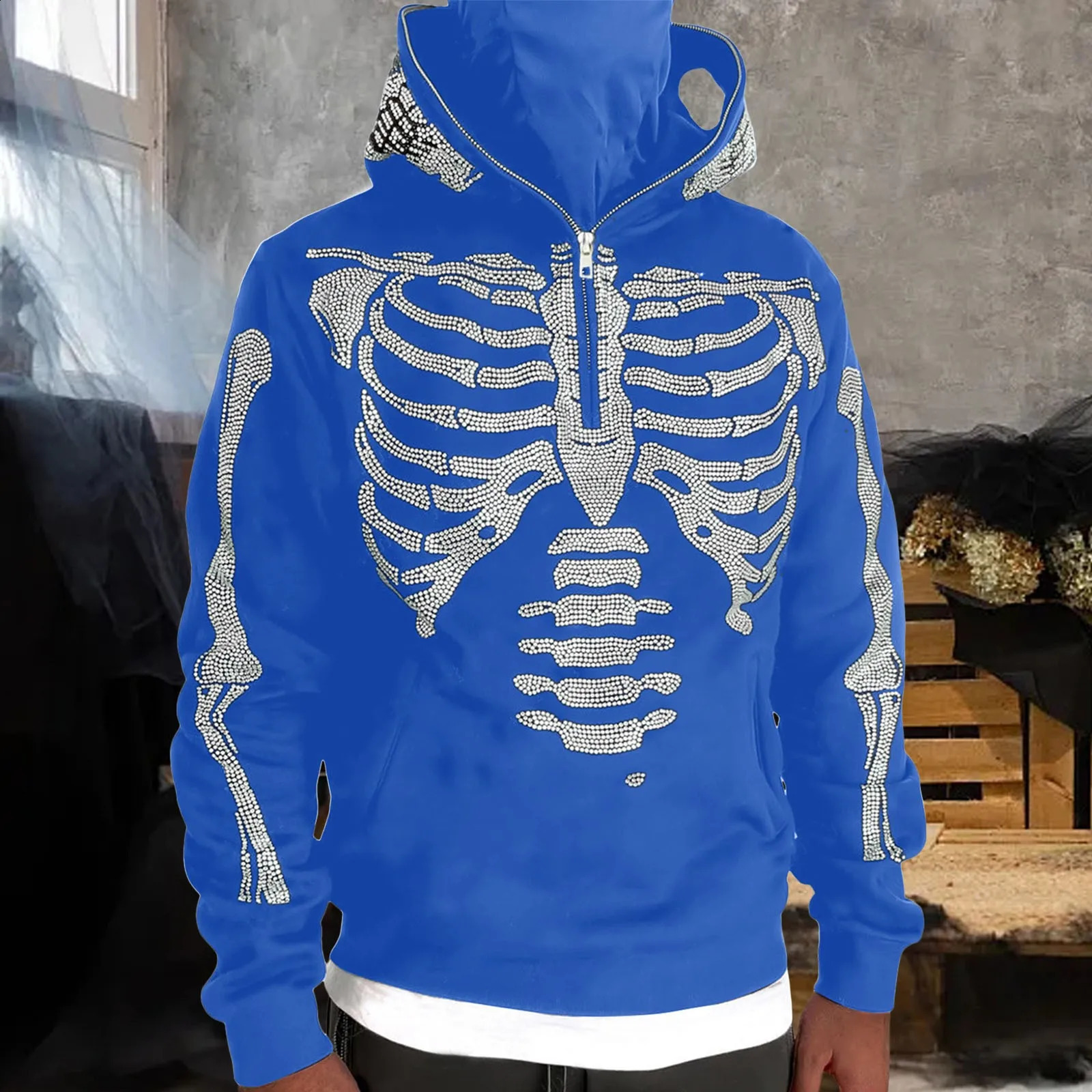 Y2k Rhinestone Skeleton Hoodie US Heavy Fashion Trend Clothing Harajuku Half Zipper Loose Couple Hoodie Roupa Masculina 240929