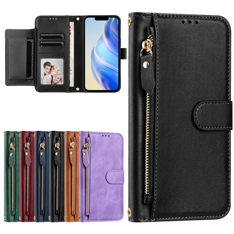 Multi-function 7 Card Slots PU Leather Wallet Cases For Iphone 17 Air 16 Plus 15 14 Pro Max 13 12 11 X XS XR Zipper Cash Coin Pocket Holder Flip Cover
