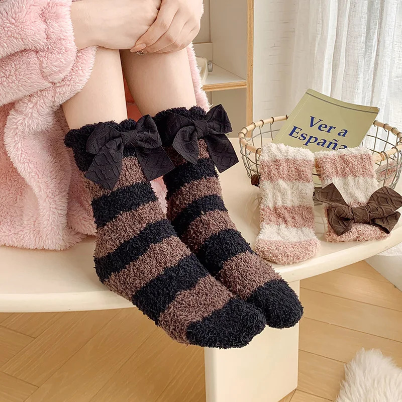 Womens Striped Cute Bow Coral Velvet Middle Tube Winter Warm Sweet Home Sleeping Soft Socks Korean Kawai Girl Style 240927