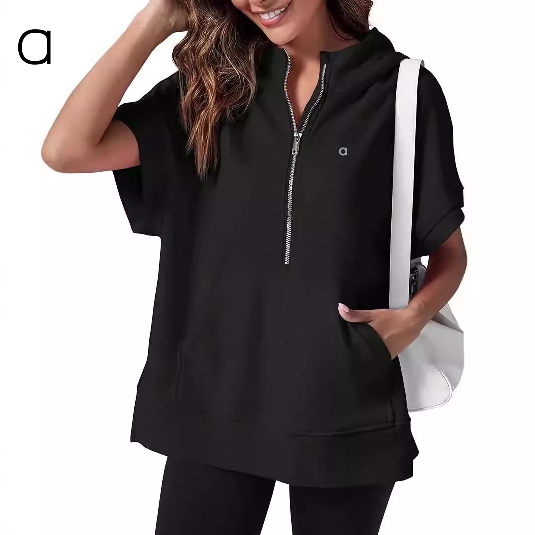 A576 Women Loose Top Solid Color Casual Short Sleeve Hooded Sweater Fiess Sweatshirt