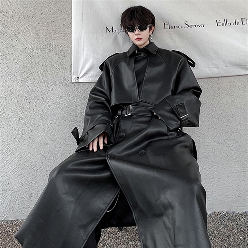 IEFB Mens Long Coat Mid Length Leather Trench Safari Style Niche Premium Streetwear Trend Male Pu Windbreakers 9C2027 240927