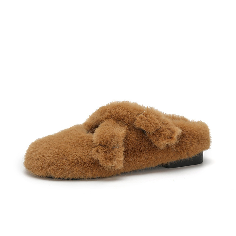 Hairy Flat Bottom With Fleece And Warm Toe Cover, Half Slippers For Women, Korean Version Cotton Shoes, Oversized Women's Shoes 41-43