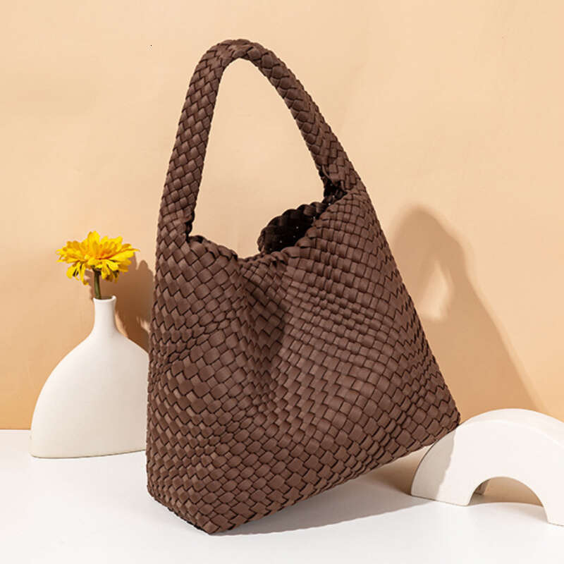 Leather - Neoprene Woven Underarm Large Capacity Shoulder Bag, Hand-Woven Basket Design, Commuter Classic Handbag
