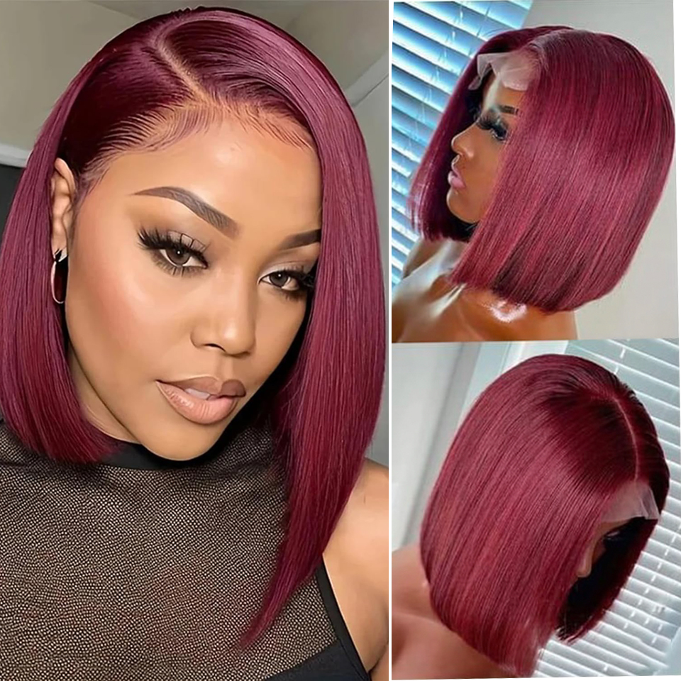 99j Burgundy Bob Wigs Human Hair 13x4 Lace Front Short Bob Wig Pre Plucked 180% Density Red Straight Bob Wig