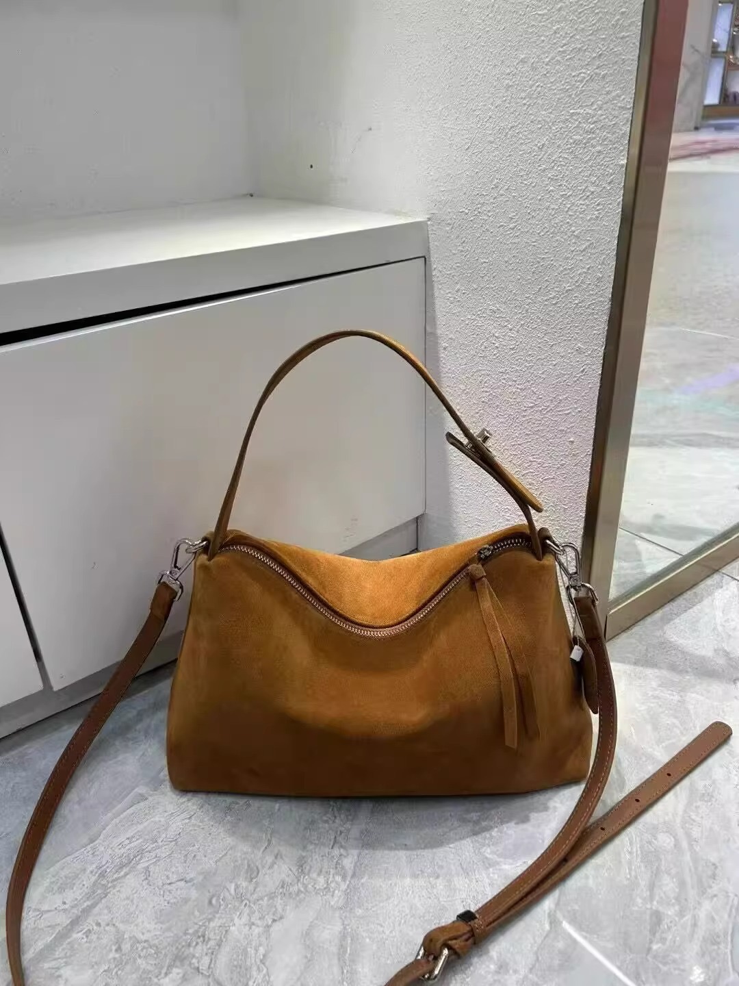 Designer Simple Autumn Winter Colletion Grey Brown Big Boston Tote Soft Matte Suede Cow Leather Women's Handbag Shoulder Bag A Gift For My Girlfr