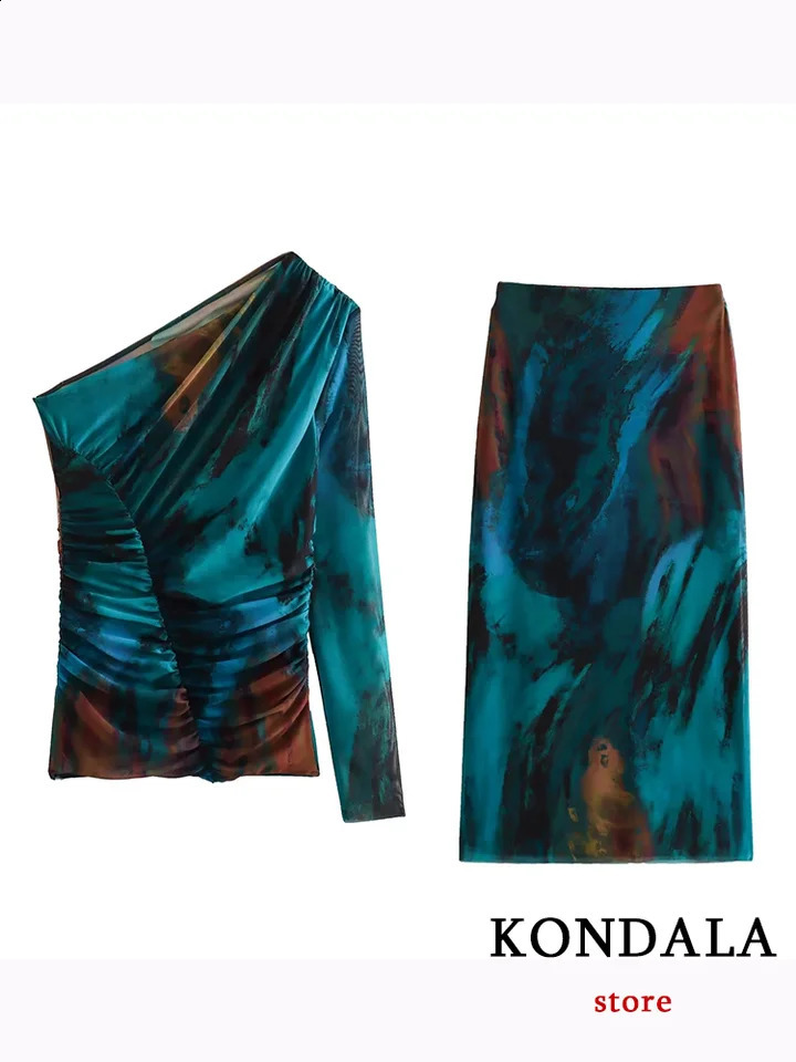 KONDALA Vintage Chiffon Tie Dye Print Women Suit OneShoulder Pleated Top Loose Long Straight Skirt Fashion 2024 Autumn Boho Set 240927