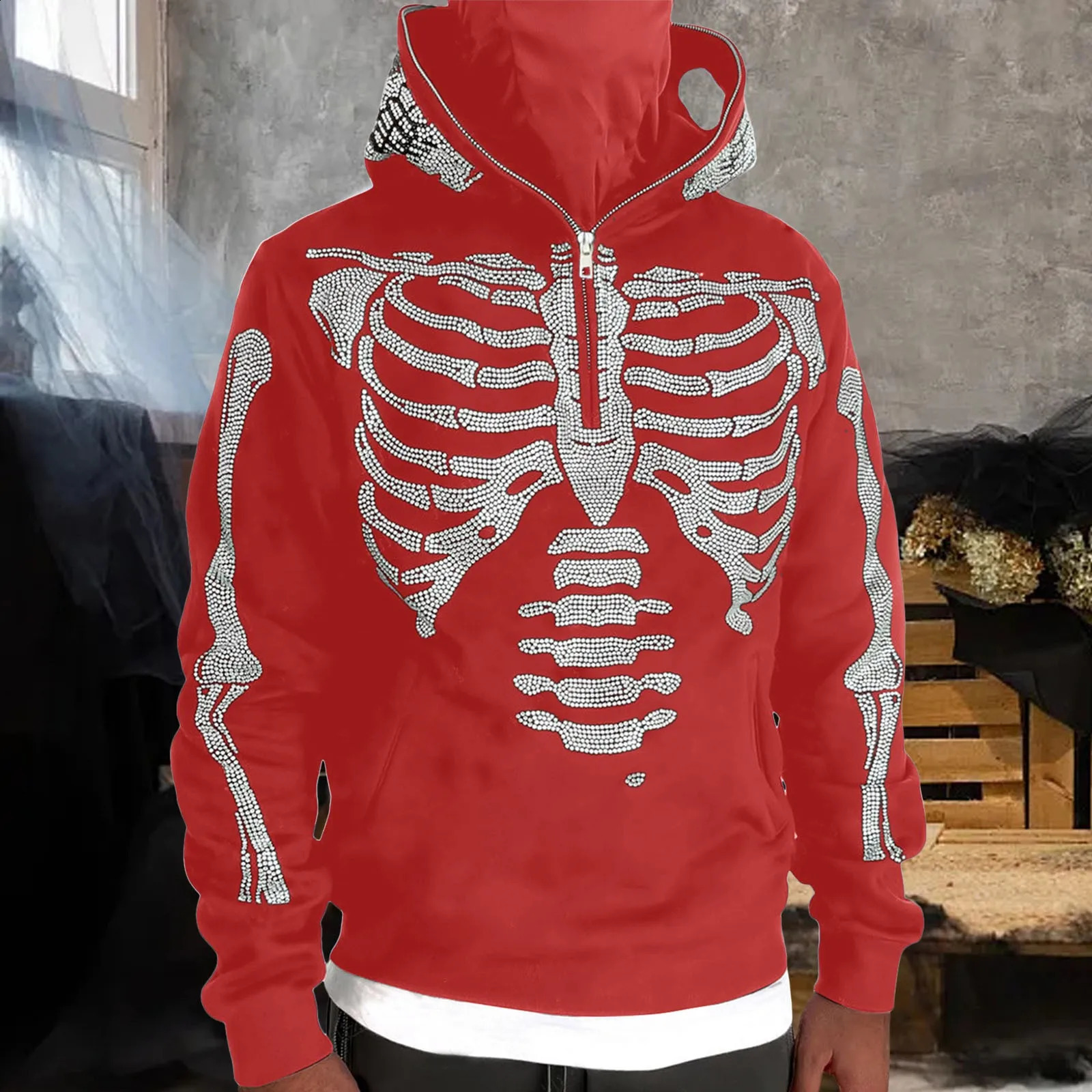 Y2k Rhinestone Skeleton Hoodie US Heavy Fashion Trend Clothing Harajuku Half Zipper Loose Couple Hoodie Roupa Masculina 240929