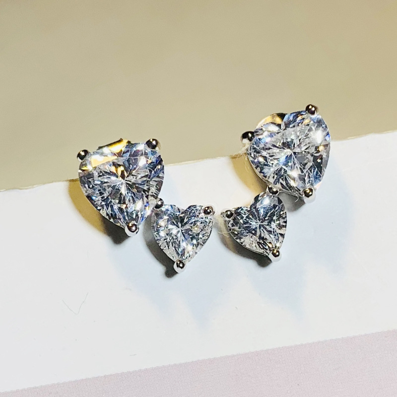 Double Heart Stud Earrings: 5A Cubic Zirconia Sterg Sier Jewelry for Women