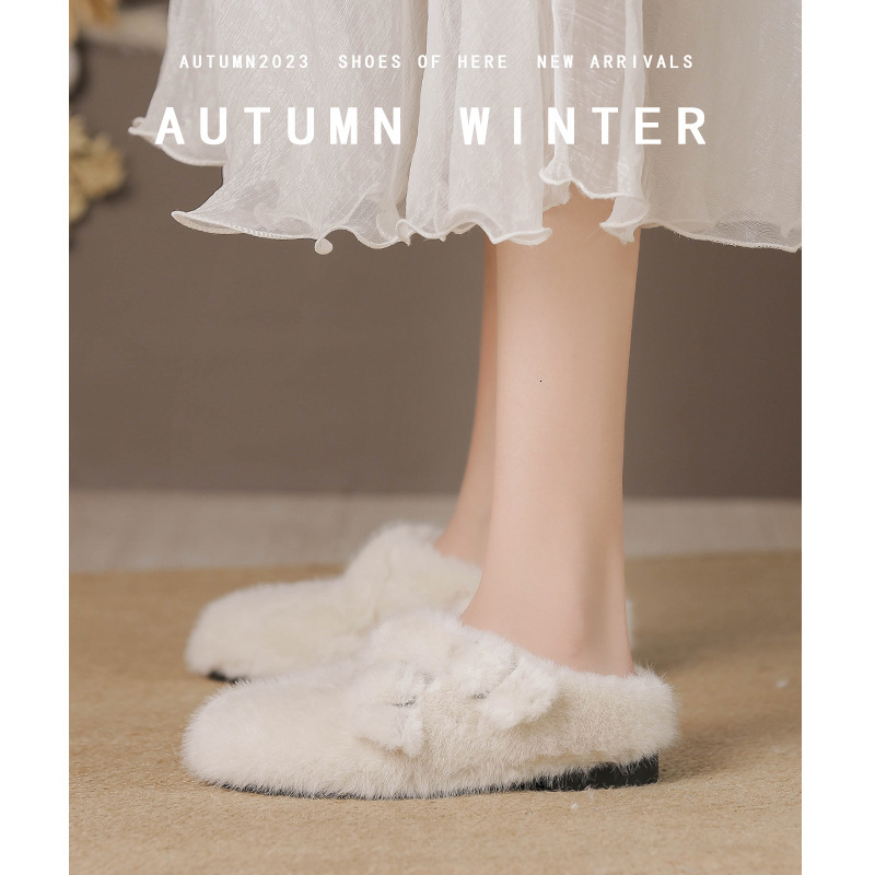 Hairy Flat Bottom With Fleece And Warm Toe Cover, Half Slippers For Women, Korean Version Cotton Shoes, Oversized Women's Shoes 41-43
