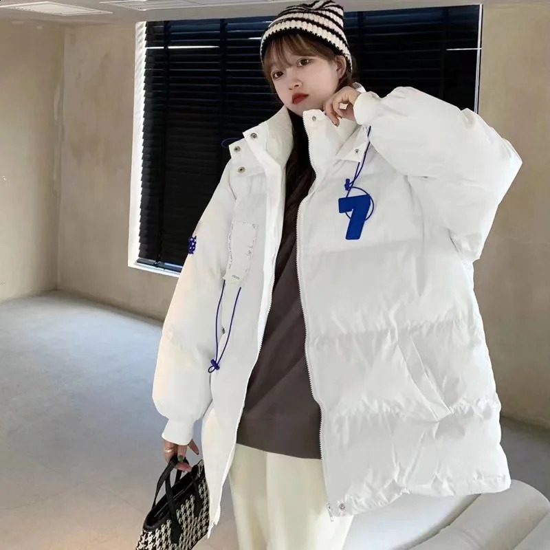 Womens white down jacket warm black hooded zipper winter Korean fashion casual windproof inflatable pad jacket top 240926