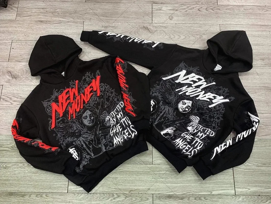 2024 Hoodie American Retro Dark Print Womens Fashion Harajuku Casual Loose Mens Gothic Style Oversized Black Angel Pullover 240919