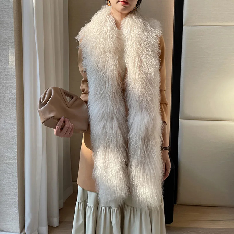 Mongolian Sheepskin Scarf Womens Winter Thick Warm True Wool Shawl Natural Fur Muffler Snood TZ8642 240918