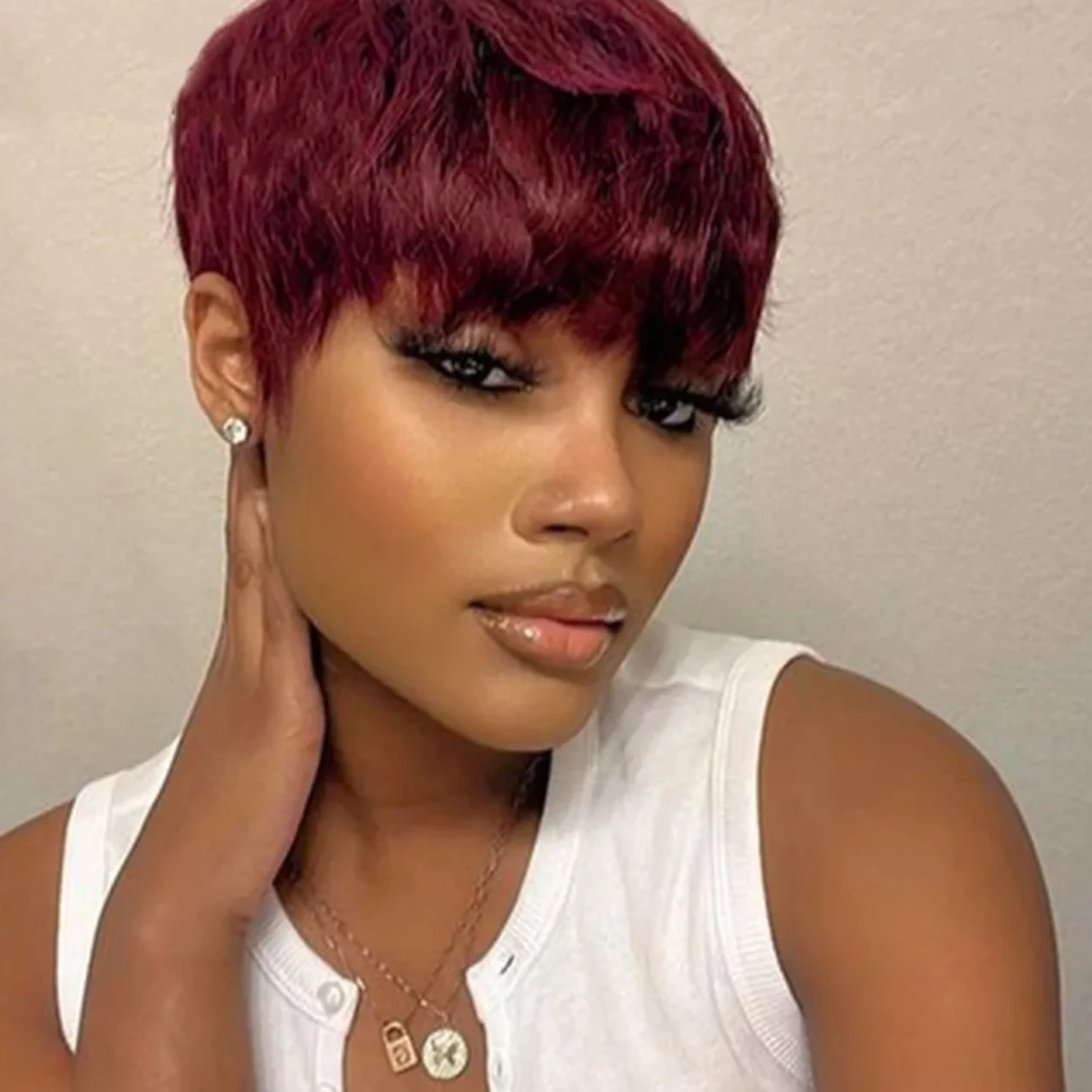 Human hair non-lace full Glueless Preplucked 100% Really Human Hair Wigs Black Colored Pixie Cut short Wig for African American Women Naturally Ready 