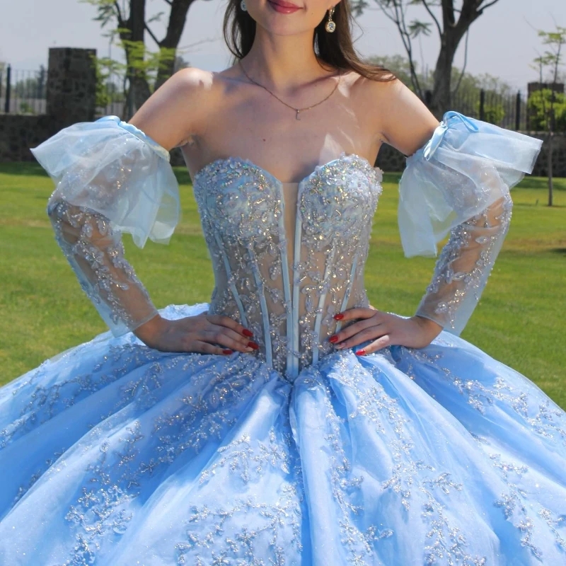 Sky Blue Shiny Princess Quinceanera Dresses Ball Gown Off The Shoulder Lace Applique Beading Tull Corset Sweet 16 Dress Vestido 15 De Anos