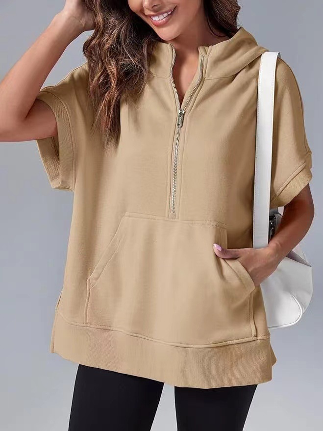 A576 Women Loose Top Solid Color Casual Short Sleeve Hooded Sweater Fiess Sweatshirt