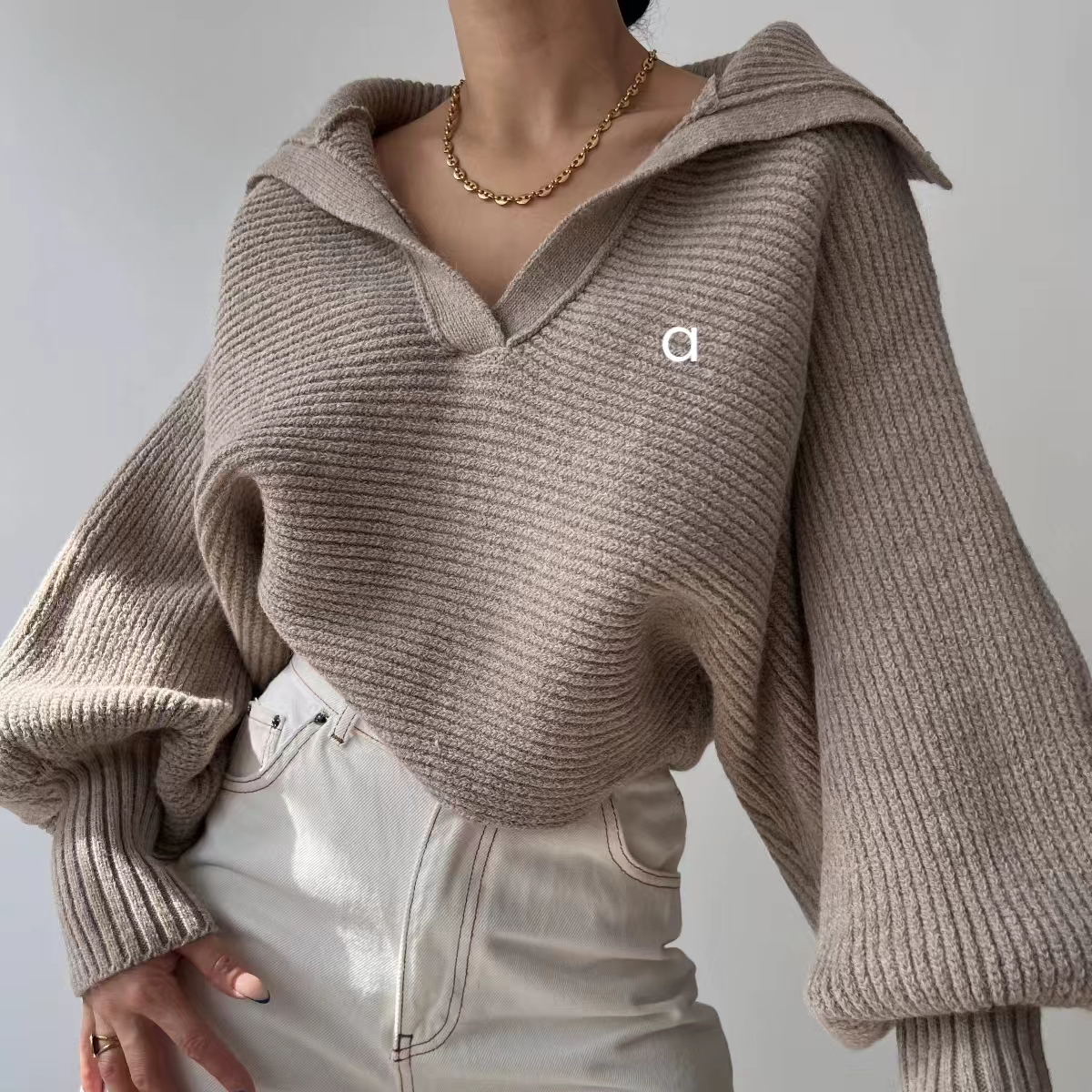 21138 women pullover fiess autumn sweater woolen knit outdoor jogging loose womens long sleeve sweatshirts turndown collar
