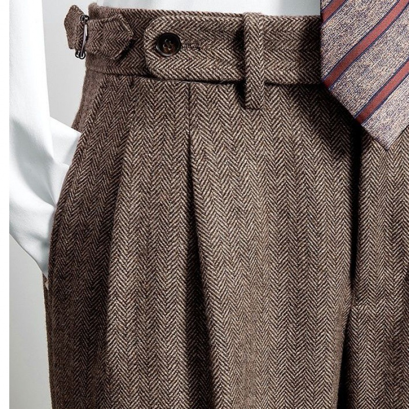Men's Pants Italian Style High Waist Men Suit Pants Handmade Coarse Floral Woolen Casual Dress Pants Slim Fit Trousers Formal Office Wedding Part