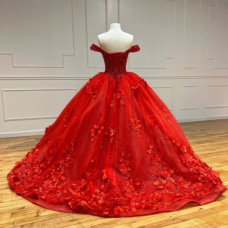 Red Ball Gown Quinceanera Dresses Off Shoulder Princess Dress 3D Flowers Beads Tull Puff Sweet 16 Dress vestidos para 15 Anos