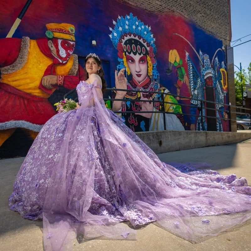Lavender Shiny Quinceanera Dresses Ball Gown 3D Flower Sequin Applique Beaded Tull With Cape Mexican Corset Sweet 16 Vestidos De 15 Anos