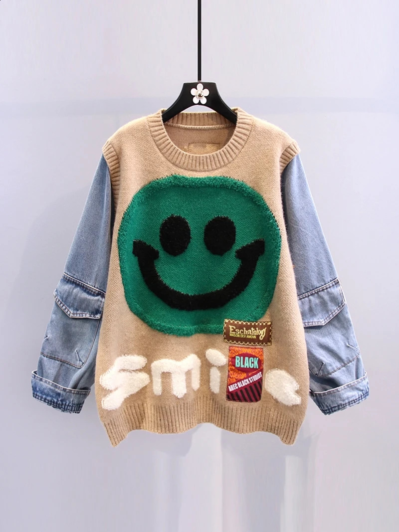 Smiling Face Loose Sweater Top Denim Sleeve Round Neck Pullover Jumpers Winter Fashion Streetwear Stylish Chic Knitwear 240921