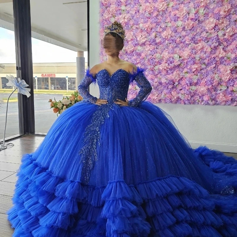 Royal Blue Sweetheart Luxury Long Sleeved Quinceanera Dresses Lace Beads Tull Tiered Ball Gown Charro Mexican Dress Vestidos De 15 Anos