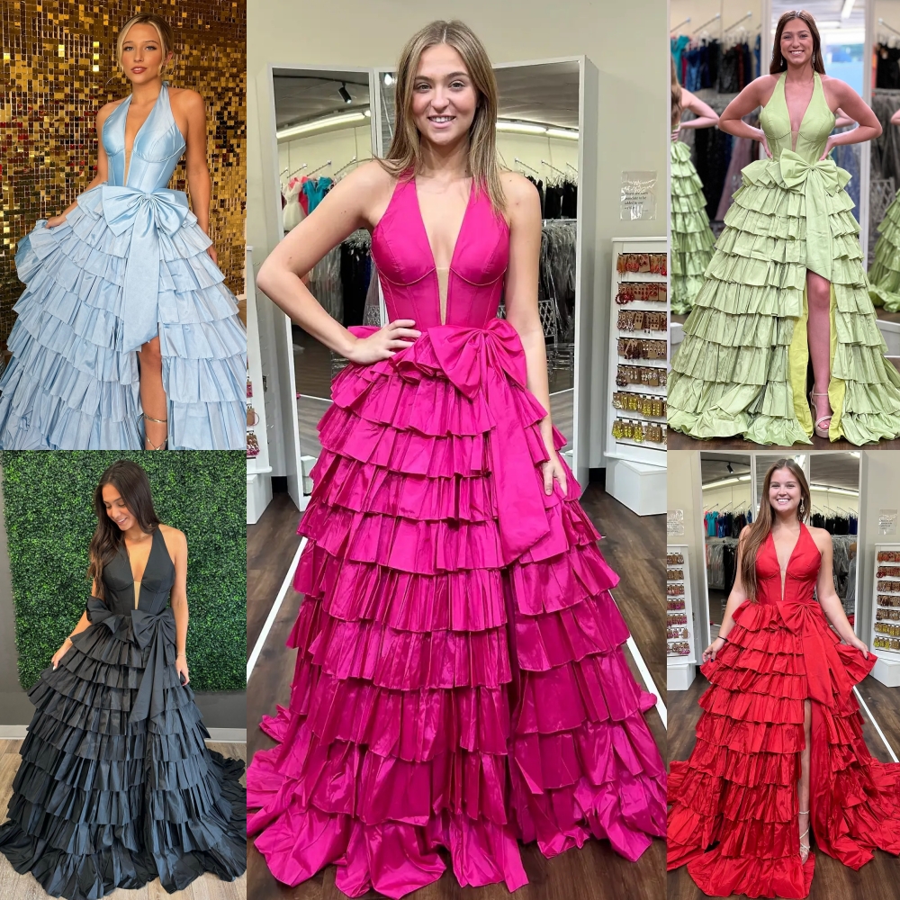 Fuchsia Prom Dress Bow Taffeta Ruffle Ballgown Senior Junior Pageant Gown Winter Formal Party Wedding Guest Red Capet Runway Gala Black-Tie Charity Ba