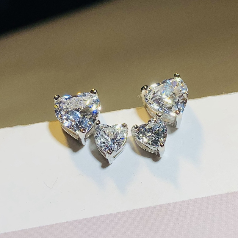 Double Heart Stud Earrings: 5A Cubic Zirconia Sterg Sier Jewelry for Women