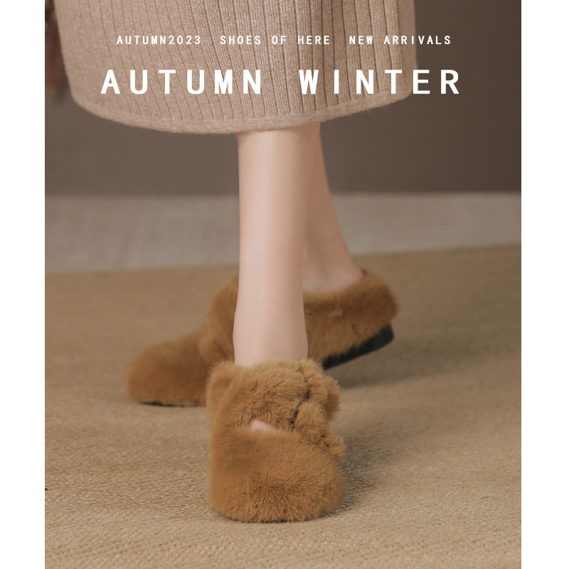 Hairy Flat Bottom With Fleece And Warm Toe Cover, Half Slippers For Women, Korean Version Cotton Shoes, Oversized Women's Shoes 41-43