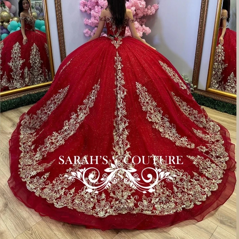 Red Quinceanera Dresses Ball Gown Off The Shoulder Gold Lace Applique Beaded Crystal Tull Corset Sweet 16 Dress Vestido De 15 Anos