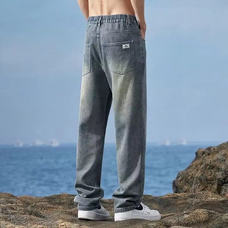 American retro street loose straight blue jeans mens button pocket casual breathable loose wide leg jeans 240926