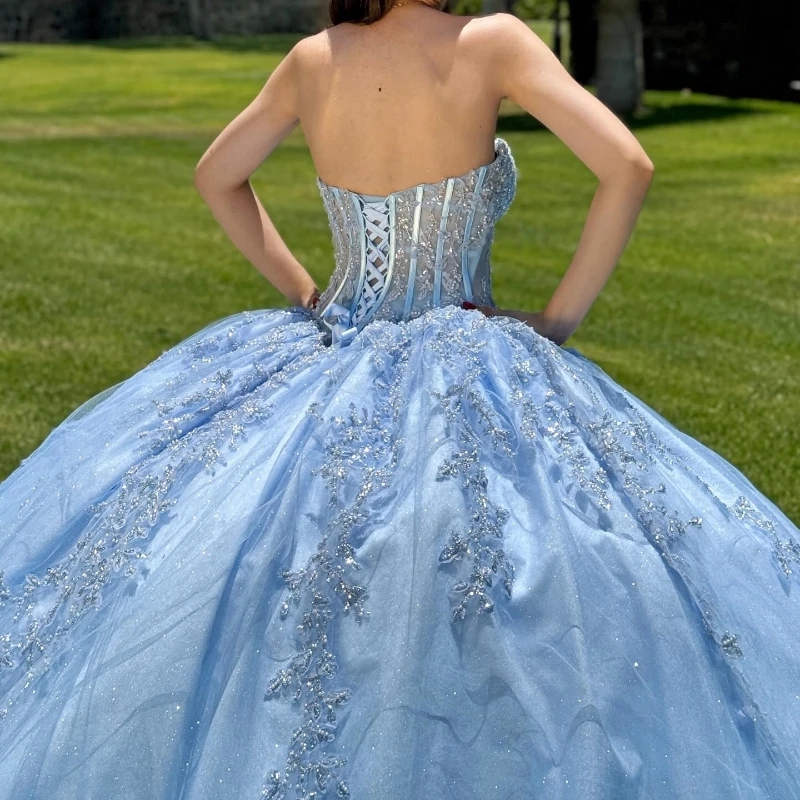 Sky Blue Shiny Princess Quinceanera Dresses Ball Gown Off The Shoulder Lace Applique Beading Tull Corset Sweet 16 Dress Vestido 15 De Anos