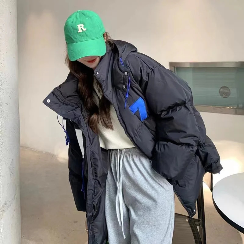 Womens white down jacket warm black hooded zipper winter Korean fashion casual windproof inflatable pad jacket top 240926