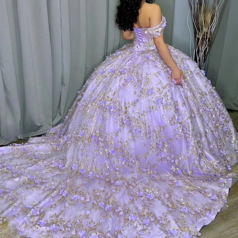 Lilac Sparkling Quinceanera Dresses Off The Shoulder Sequin Gold Appliques Lace Beading Ball Gown Birthday Formal Party Swee 16 Dress