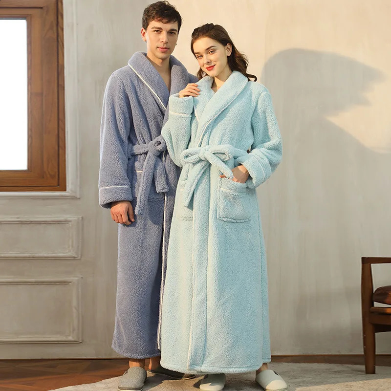 Womens winter extra long warm flannel yukata plus size thick coral fleece yukata couple spa dress mens comfortable pajamas 240929