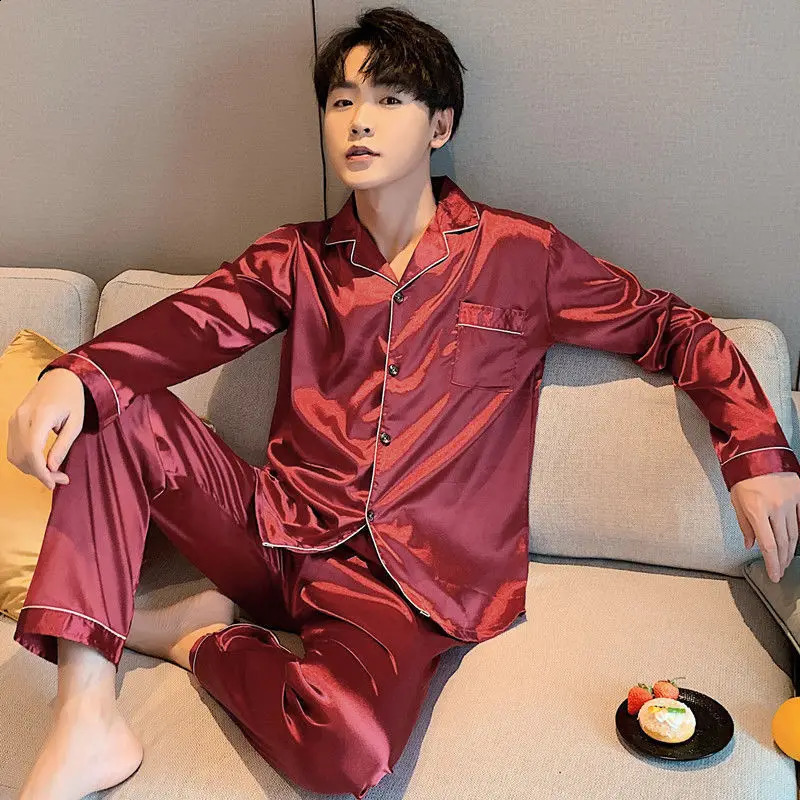 Men Pajama Sets Casual Satin Sleepwear For Man Long Sleeve Pyjama Male Fashion Soft Silk Home Wear Big size Loungewear 240929