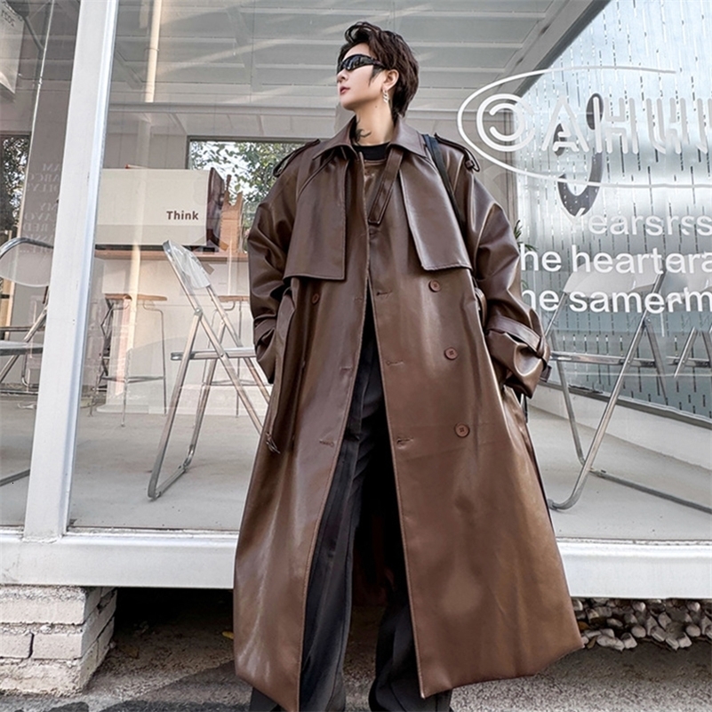 IEFB Mens Long Coat Mid Length Leather Trench Safari Style Niche Premium Streetwear Trend Male Pu Windbreakers 9C2027 240927