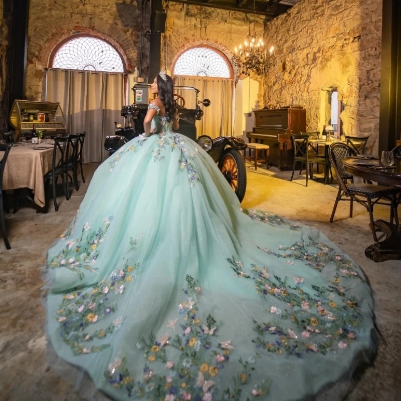 Mint Green Sparkle Princess Quinceanera Dresses Off The Shoulder Appliqued Bow Tull Vestidos De 15 Quinceanera Off Shoulder Sweet 16 Dress