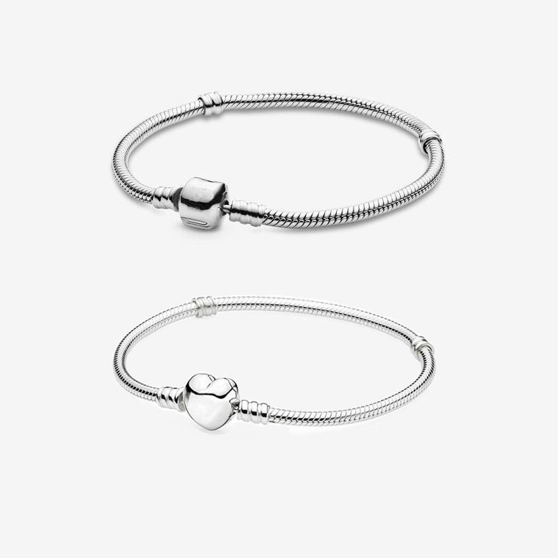 Authentic Silver Plated Heart Bracelets 3MM Snake Chain Fit PAN Charms Bangle Bracelet Women Children DIY Christmas Gifts