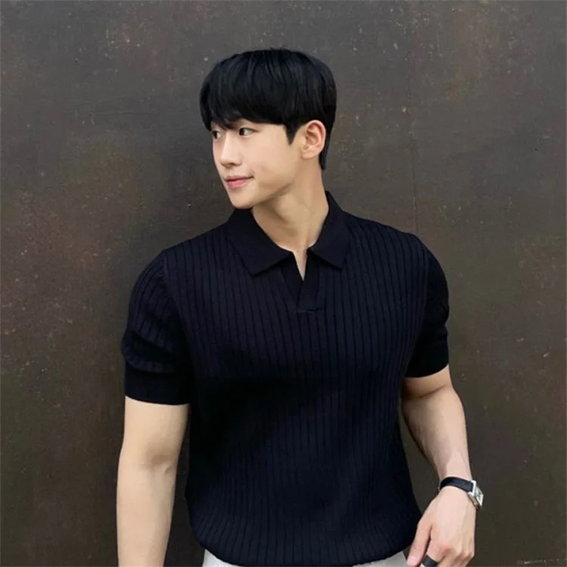 Trendy Polo Shirt For Men Summer Solid Color Top Versatile Knit Style Korean Short Sleeves Casual Fashion T-shirt 240929