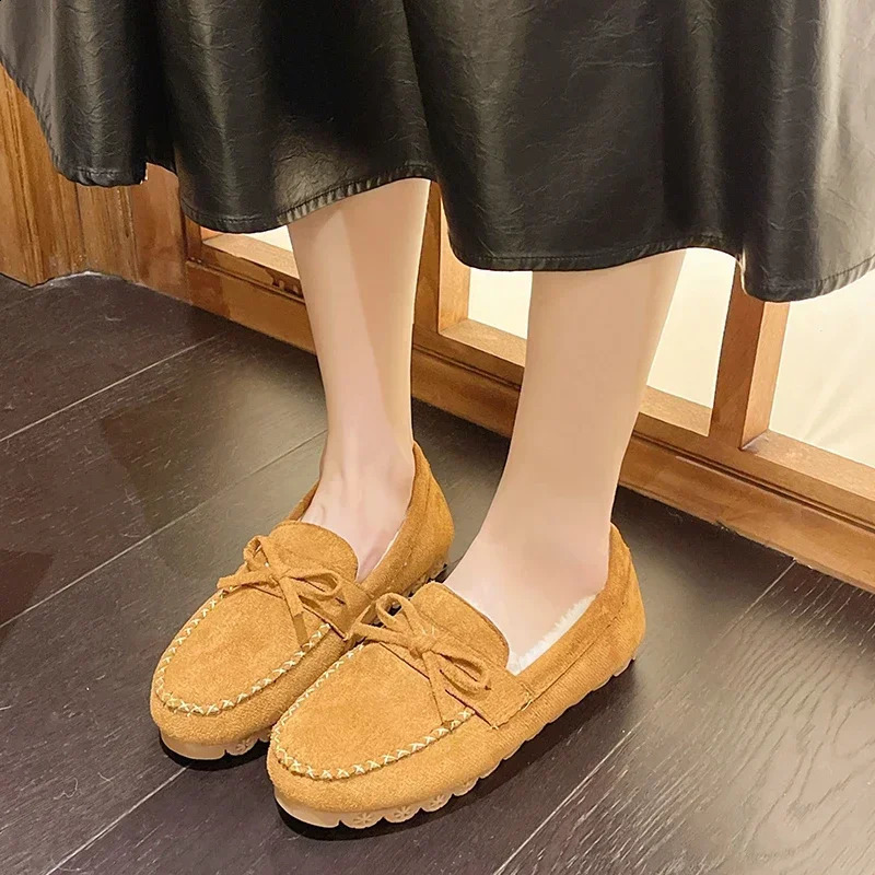 Fashion bow winter womens Moccasins Flats non slip flat shoes womens warm slippers comfortable cotton shoes Zapatos De Mujer 241008